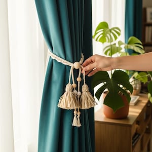 Sujetador de cortina de macramé hecho a mano | Sujetador de cortina estilo boho con cuentas de madera y borlas | Decoración boho chic