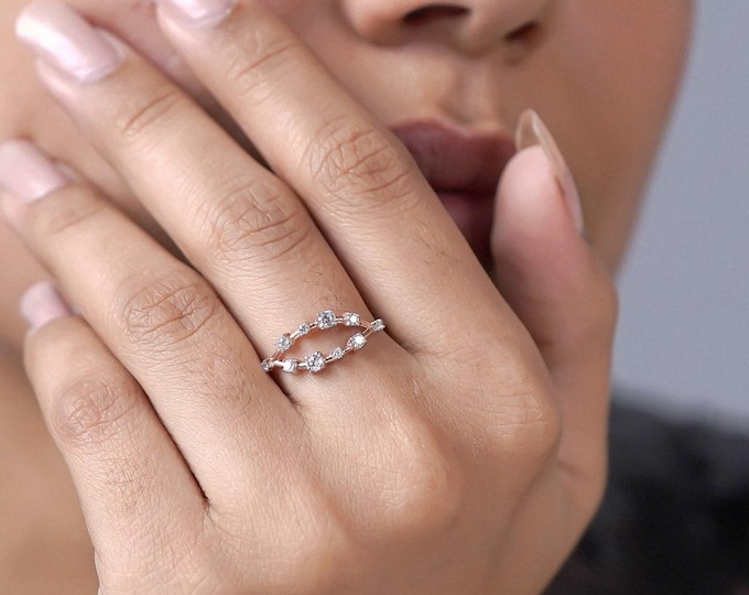 Dainty Moissanite Cluster Ring: Sterling Silver Floral Wedding Jewelry