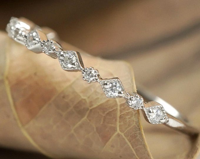 Vintage Moissanite Sterling Silver Wedding Band: Dainty Stacking Ring