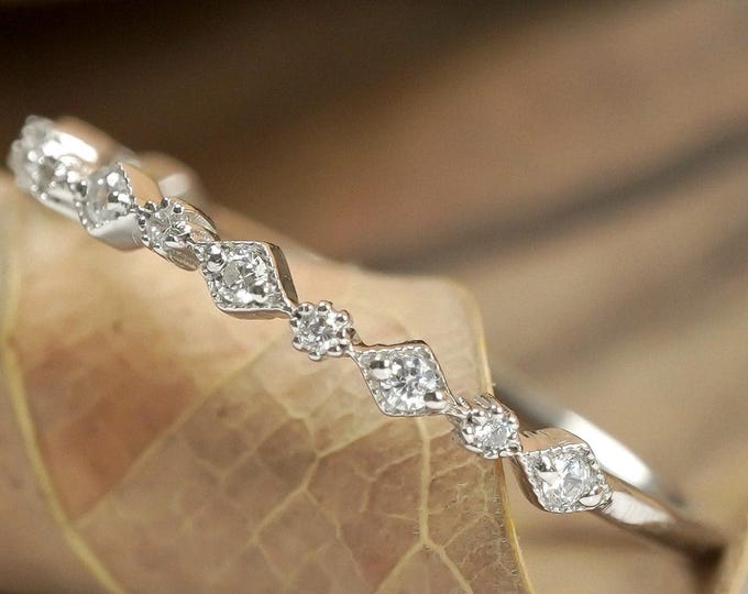 Vintage Inspired Moissanite Sterling Silver Ring - Milgrain Stacking Band