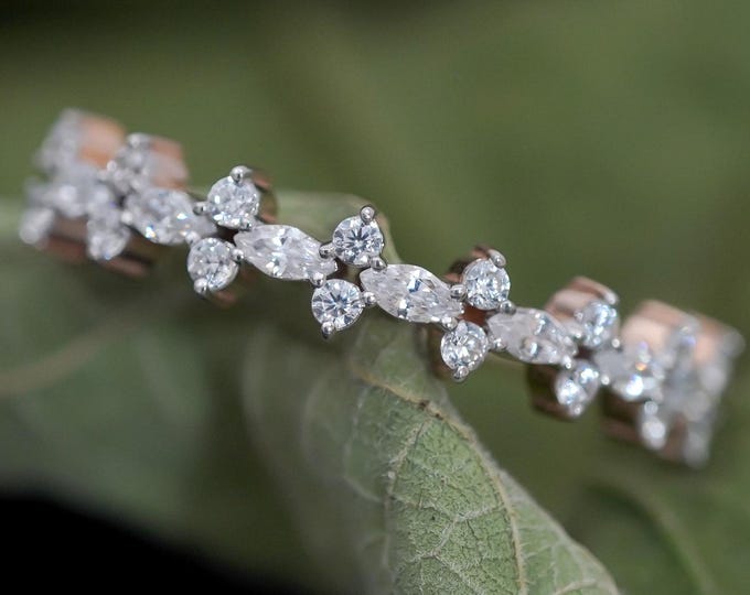 Floral Moissanite Cluster Band Ring: Sterling Silver Wedding Jewelry