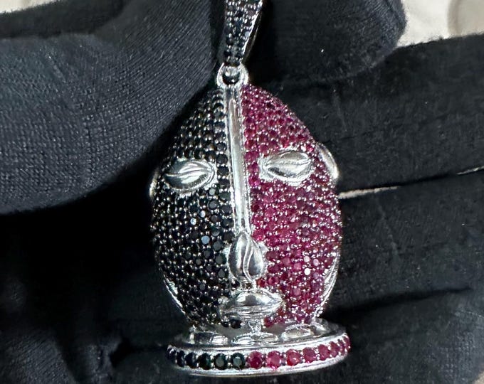 Iced Out Tribal Mask Pendant: Black & Red Moissanite, Sterling Silver