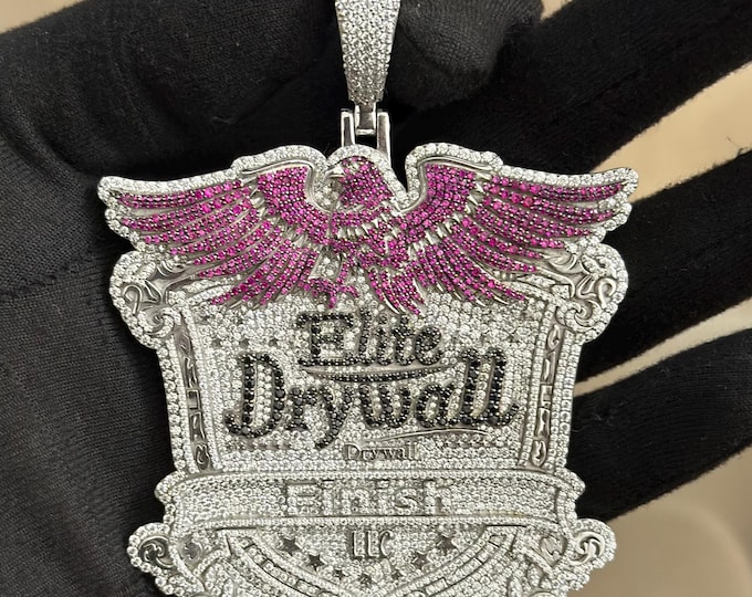 925 Silver Moissanite Elite Drywall Pendant | Custom Logo Pendant | Iced Out Business Logo Necklace | Hip Hop Jewelry | Gold Plated Option