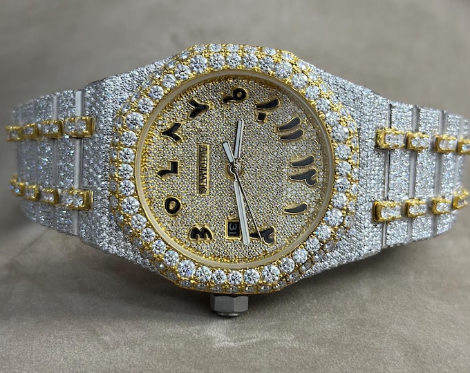 Luxury Silver & Gold D-VVS Moissanite Iced Out Automatic Watch | Fully Iced Men’s Watch | Two-Tone Moissanite Custom Bust Down Gift