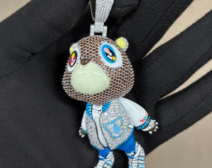 925 Silver Moissanite Bear Pendant | Iced Out Teddy Necklace | Gold Plated Custom Cartoon Pendant | Hip Hop Jewelry | Pendant