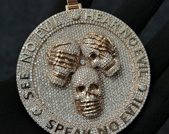 925 Silver Moissanite Skull Pendant | See No Evil Hear No Evil Speak No Evil Medallion | Iced Out Round Statement Necklace | Custom Pendant
