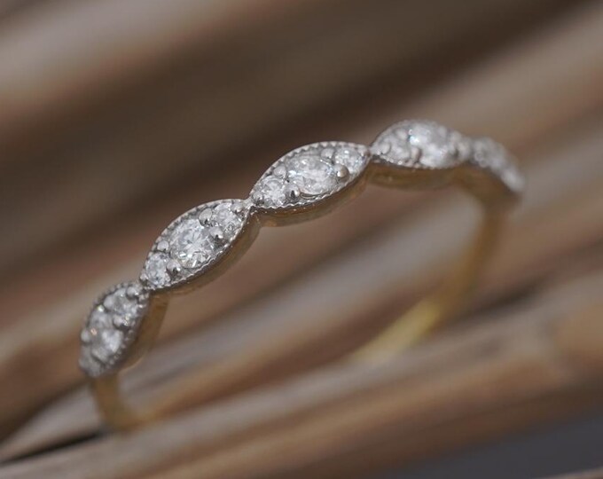 Marquise Inspired Sterling Silver Wedding Band: Moissanite Vintage Stacking Ring