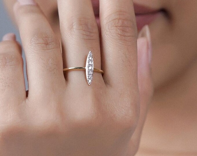 Marquise Design Round Cut Moissanite Diamond Ring, Silver Moissanite Stacking Ring, Dainty Minimalist Engagement Ring, Ethical Jewelry Gift