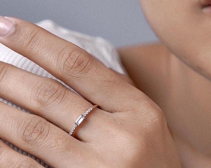 Sterling Silver Moissanite Promise Ring: Baguette & Round Cut Bridal Jewelry