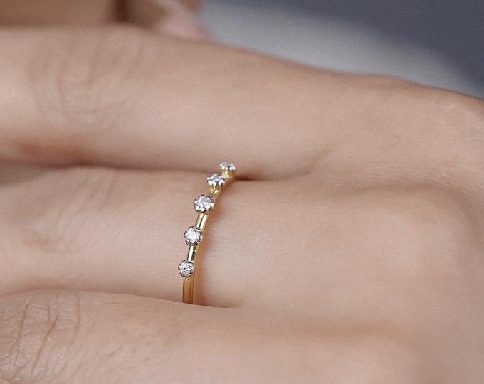 Dainty Five Stone Moissanite Ring: Sterling Silver Stacking Band