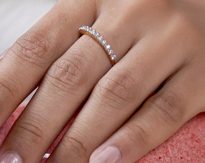 Sterling Silver Moissanite Half Eternity Ring: Dainty Stacking Band