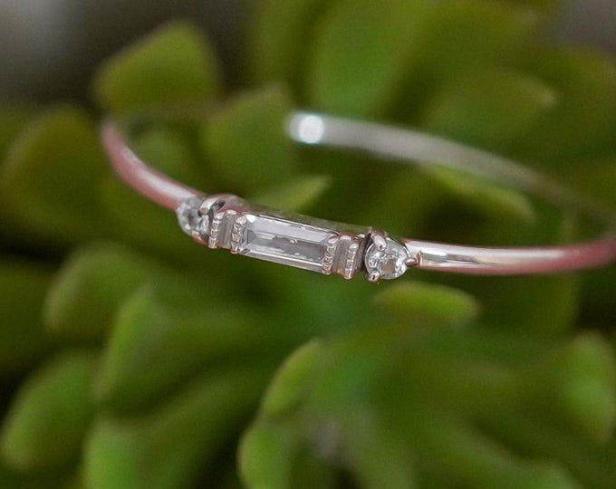 Sterling Silver Moissanite Three Stone Ring: Minimalist Baguette & Round Cut