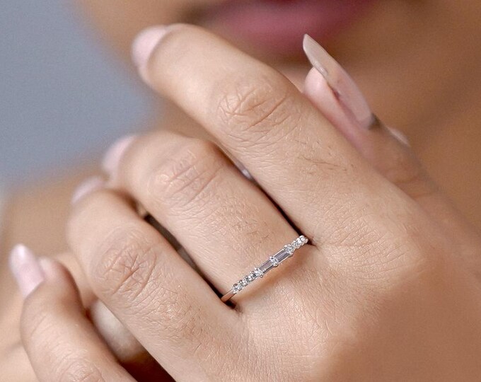 Sterling Silver Moissanite Stacking Ring: Baguette & Round Stone Band