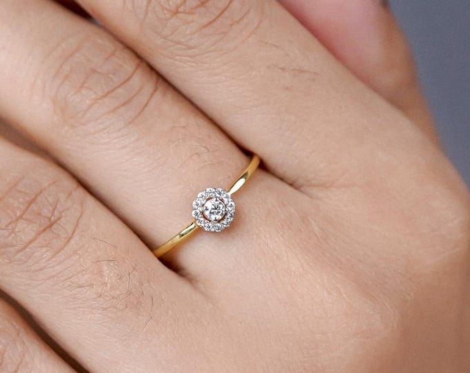 Sterling Silver Moissanite Halo Engagement Ring: Dainty Bridal Jewelry