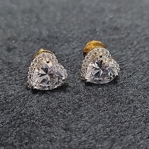 Heart Earrings Stud Screw Back for Women, 18k White Gold Plated Solid 925 Sterling Silver, Gift Present Jewellery