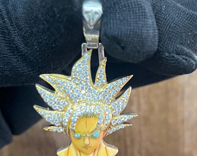 Iced Anime Goku Hero Pendant | 925 Silver 12.41g | 2.5 Ct Moissanite | Enamel Finish | Unique Handmade Jewelry | Gift for Him