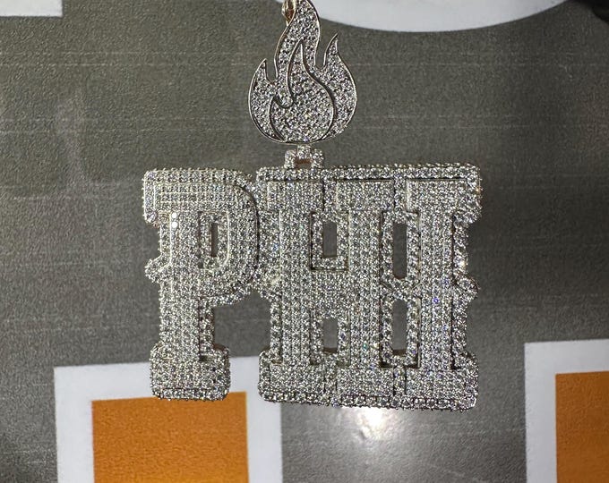 Custom "PHI" Hip Hop Flame Pendant | Iced Out 925 Silver, Gold Plated Option | Moissanite Diamond | Statement Personalized Jewelry