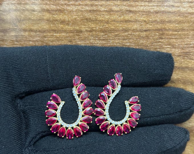 Custom Ruby & Diamond Curved Statement Earrings – 925 Sterling Silver or Gold, Pear Shape Design, Luxury Gift
