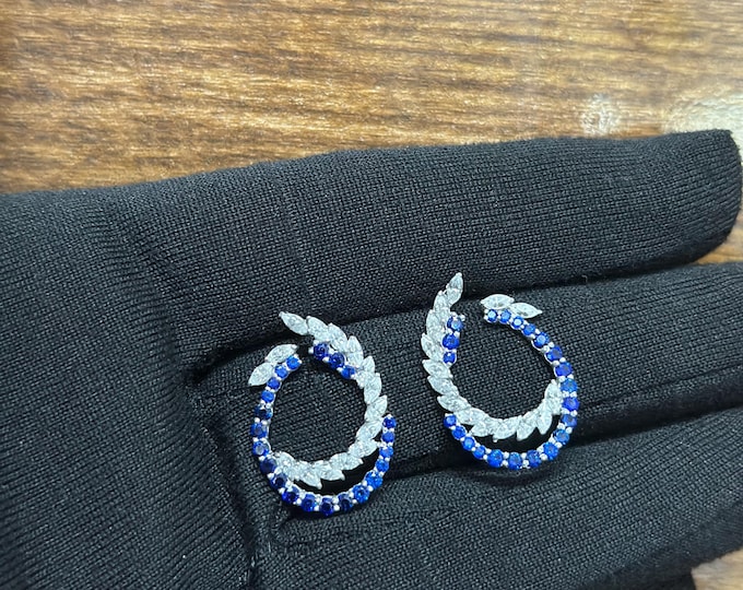 Custom Blue and White Swirl Hoop Earrings – 925 Silver or Gold, Diamond & Sapphire Statement Studs, Contemporary Leaf Design