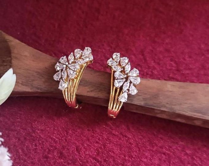Genuine Solitaire Cluster Moissonite Diamond Pave Huggie Hoop Earrings 925 Silver 14k Yellow Gold Plated Earrings Valentine Gift For Her