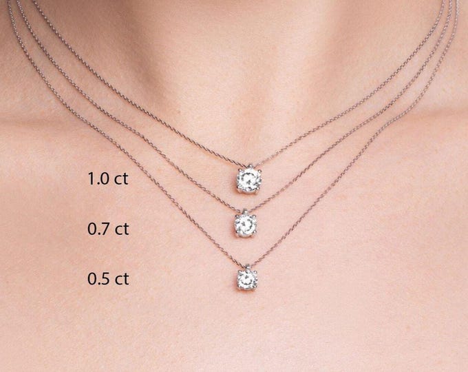 Diamond Solitaire Necklace in 925 Silver Moissanite Diamond / Bridesmaid Gift /  Solitaire Necklace / Floating Diamond / Diamond Necklace