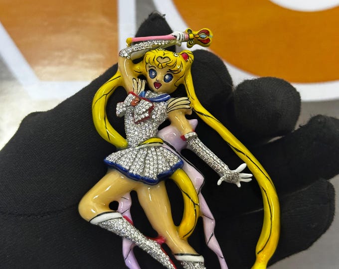 Custom Sailor Moon Iced Out Pendant – Fully Pavé Moissanite/Diamonds, Anime Hip Hop Necklace, Unique Enamel & Gem Jewelry