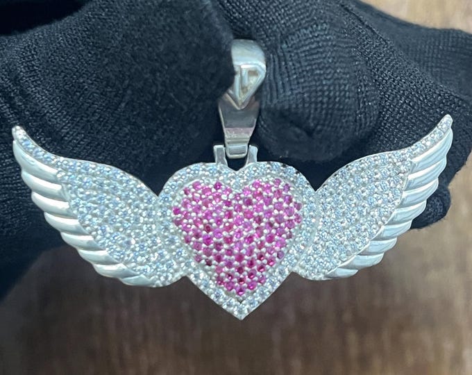 Sterling Silver Winged Heart Pendant | 2 CT Moissanite & Ruby-Inspired Design