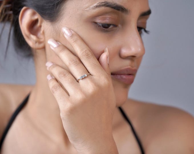 Dainty Sterling Silver Cluster Ring: Moissanite & Diamond Band