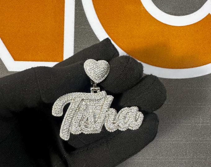 Custom "Tisha" Name Pendant – Fully Iced Out, Personalized Hip Hop Necklace, Pavé Diamonds/Moissanite, Heart Design