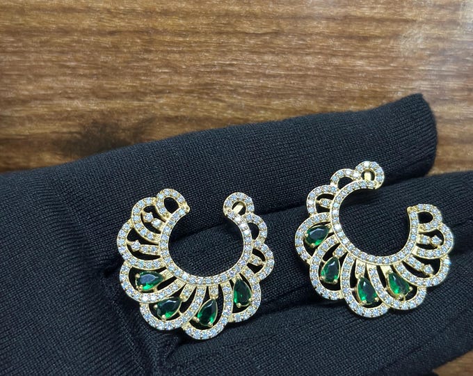 Custom Pear Green Stone & Diamond Statement Earrings – Modern Open Hoop, 925 Silver / 10K 14K 18K Gold, Large Festive Studs