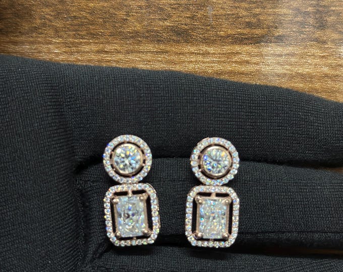 Art Deco Halo Diamond Earrings – Rose Gold, Round & Radiant Cut, Statement Studs, Customizable Fine Jewelry
