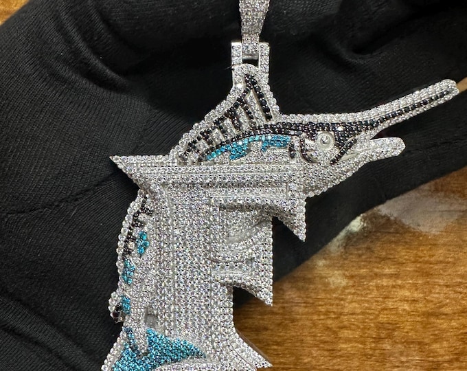Iced Out Letter F Pendant: Sterling Silver Swordfish Initial, Moissanite Diamond