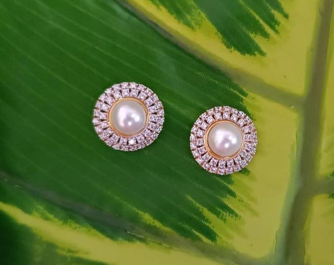 Ocean Sea Pearl Round moissanite Earrings Sterling Silver Yellow Gold Double Halo Diamond Cluster Stud Handmade Certified Jewelry Wedding