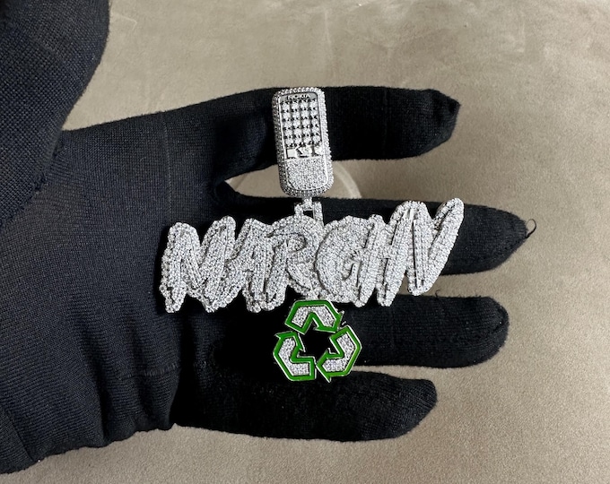 Custom Hip Hop Pendant | Iced Out 925 Silver, Gold Plated Option | Green Recycle Charm | Moissanite/Custom Diamond |