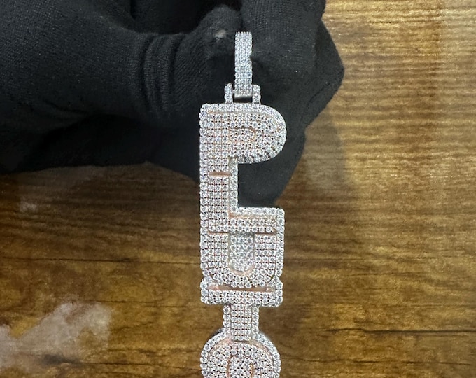 Iced Moissanite Vertical Name Pendant: Custom Sterling Silver Hip Hop Jewelry