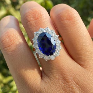 Blue Sapphire With Moissanite Diamond Silver Ring , Royal Blue Ring, Blue Ring, Promise Ring, Anniversary Ring, Sapphire Princess Diana Ring
