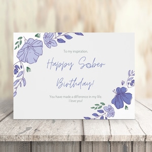ALCOOLIQUES ANONYMES : Impression numérique, Carte de sobriété fleurs, "Joyeux anniversaire sobre", 5"x7" plié, Vous le téléchargez vous-même !