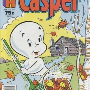 May include: A vintage comic book cover featuring Casper the Friendly Ghost. Casper is depicted with a rake, gathering colorful autumn leaves into a glass jar. The title "Casper" is in large orange letters. The background includes a cabin and trees.