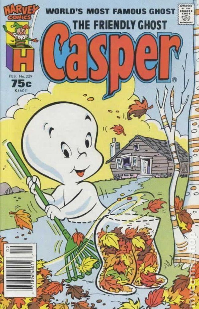 May include: A vintage comic book cover featuring Casper the Friendly Ghost. Casper is depicted with a rake, gathering colorful autumn leaves into a glass jar. The title "Casper" is in large orange letters. The background includes a cabin and trees.