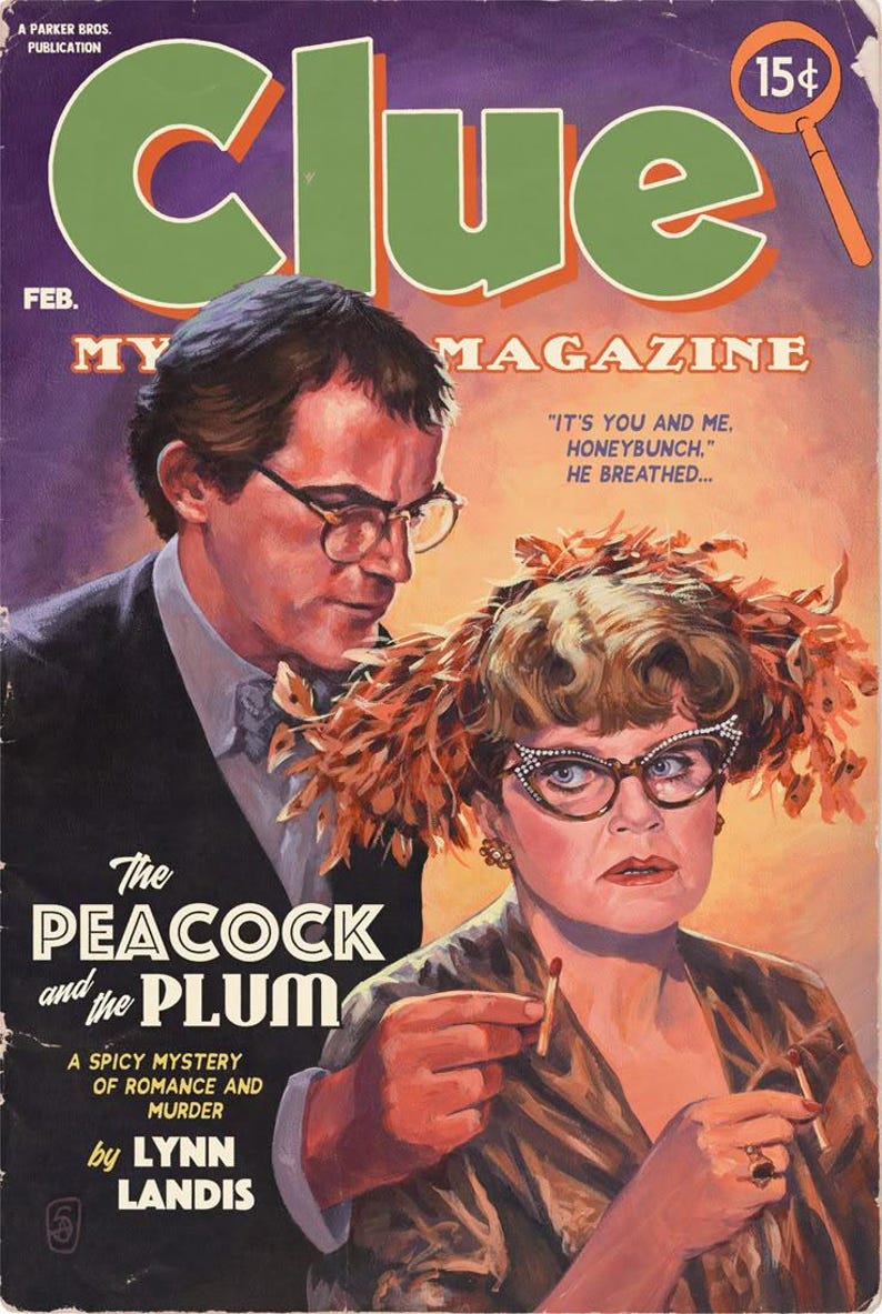 May include: Vintage "Clue" magazine cover featuring a man and woman, with the title "The Peacock and the Plum." The cover art is a retro illustration with text that reads "A Spicy Mystery of Romance and Murder."