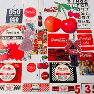 May include: A collection of vintage-style stickers featuring Coca-Cola branding, Postie's dietetic beverage labels, red cherries, a bingo card, and a person in a patterned dress. The assortment includes various rectangular, circular, and die-cut shapes.