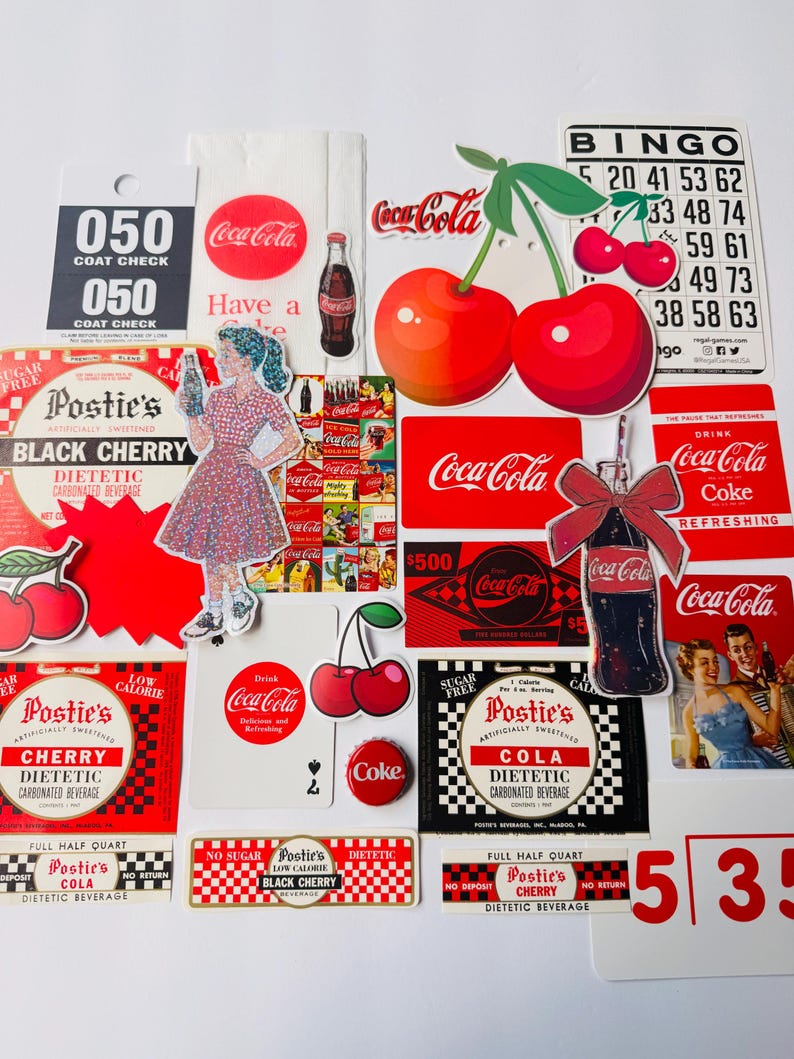 May include: A collection of vintage-style stickers featuring Coca-Cola branding, Postie's dietetic beverage labels, red cherries, a bingo card, and a person in a patterned dress. The assortment includes various rectangular, circular, and die-cut shapes.