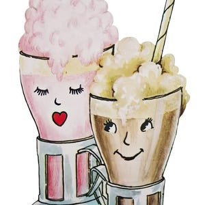 May include: A charming illustration of two soda drinks with faces, each in a glass with a handle. One is pink, the other brown, both topped with foam and straws. A red heart with the words "We soda go" and another with "together" complete the design.