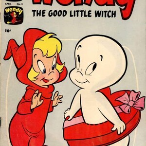 Pu&ograve; includere: Copertina di fumetto con Wendy la buona piccola strega e Casper il fantasma amichevole. Wendy, in un abito rosso con cappuccio, &egrave; accanto a Casper, che indossa un regalo a forma di cuore. Il titolo "Wendy" &egrave; in grandi lettere rosse.