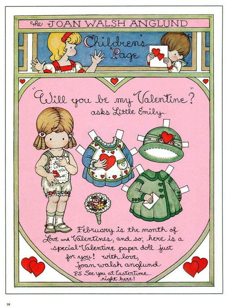 Może przedstawiać: Ilustracja vintage z papierową lalką na Walentynki. Obrazek zawiera lalkę dziewczynki, papierowe ubranka i tekst "Czy chcesz być moją Walentynką?" Grafika jest w miękkich pastelowych kolorach z sercami i kwiatowymi akcentami.