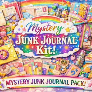 May include: A colorful junk journal kit with the text "Mystery Junk Journal Kit!" and "Mystery Junk Journal Pack!". The image features a variety of decorative elements, including envelopes, buttons, ribbons, and small teddy bears, all in a whimsical, pastel color scheme.