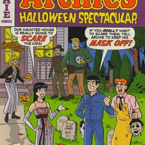 May include: Comic book cover for Archie's Halloween Spectacular. The cover features the title in orange and the characters in Halloween costumes. The comic book has a purple background and the characters are standing in front of a haunted house.