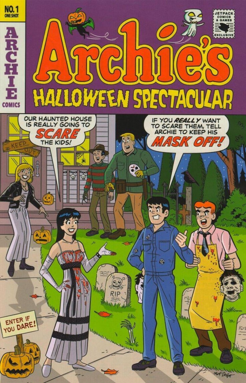 May include: Comic book cover for Archie's Halloween Spectacular. The cover features the title in orange and the characters in Halloween costumes. The comic book has a purple background and the characters are standing in front of a haunted house.
