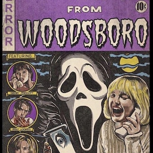 May include: Comic book cover art for "Tales From Woodsboro" featuring characters and the iconic Ghostface mask. The cover is predominantly purple with white and black text and illustrations, evoking a vintage horror aesthetic.