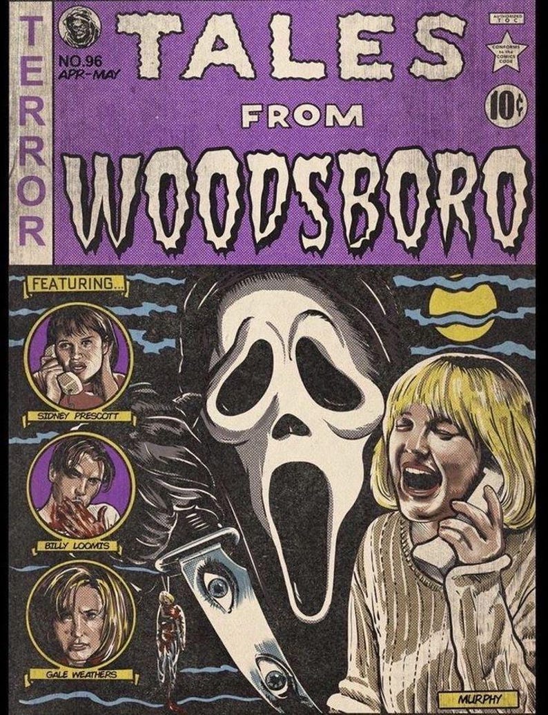 May include: Comic book cover art for "Tales From Woodsboro" featuring characters and the iconic Ghostface mask. The cover is predominantly purple with white and black text and illustrations, evoking a vintage horror aesthetic.